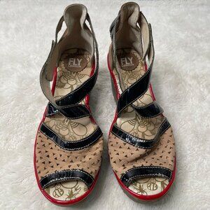 Fly London Women's Cream Black Perforated Wedge Peep Toe Buckle Shoes Size 41